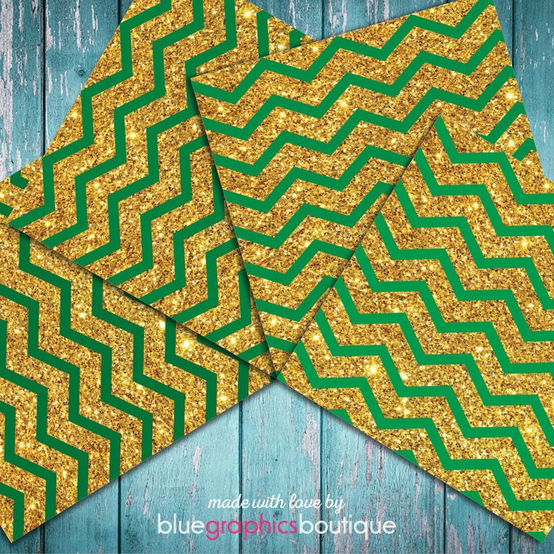 GOLD & GREEN CHEVRON Digital Paper, Buy 2 Get 1 Free, Free Commercial Use for Small Business, scrapbook, glitter, background, green chevron image 4