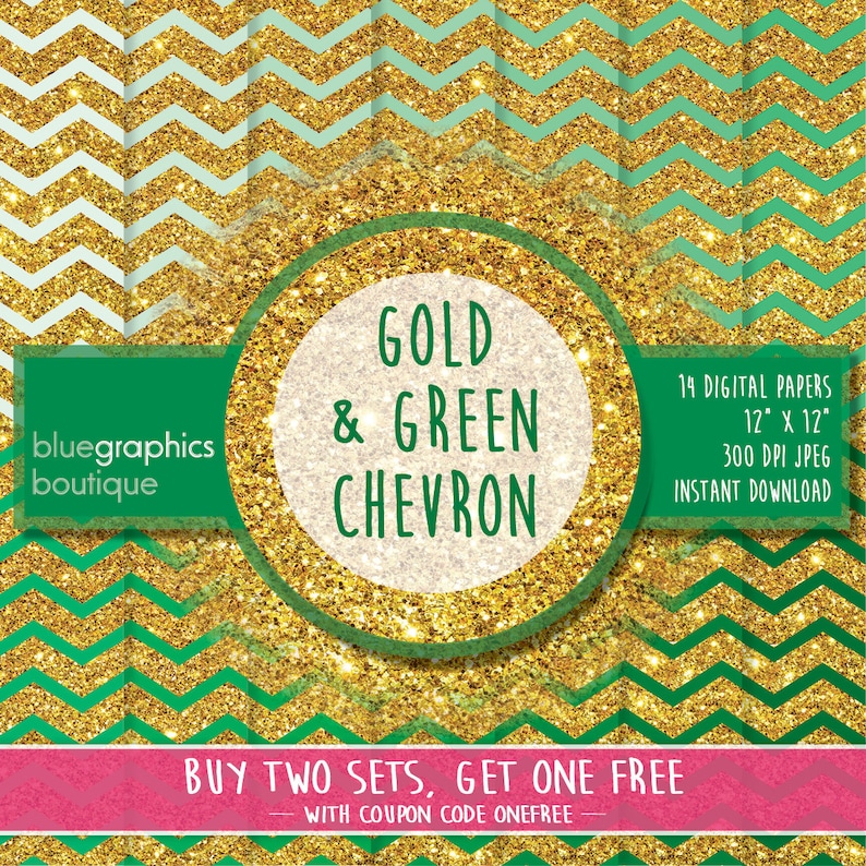 GOLD & GREEN CHEVRON Digital Paper, Buy 2 Get 1 Free, Free Commercial Use for Small Business, scrapbook, glitter, background, green chevron image 1