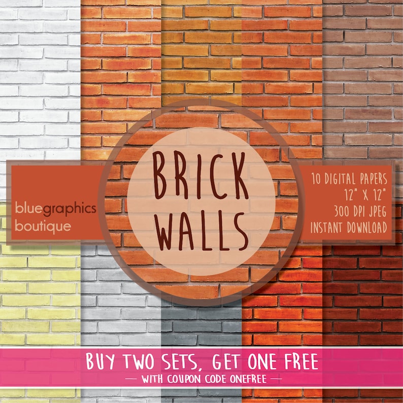 BRICK WALLS Digital Paper, Buy 2 Get 1 Free, Free Commercial Use for Small Business, brick background, texture, wall background, rustic wall image 1
