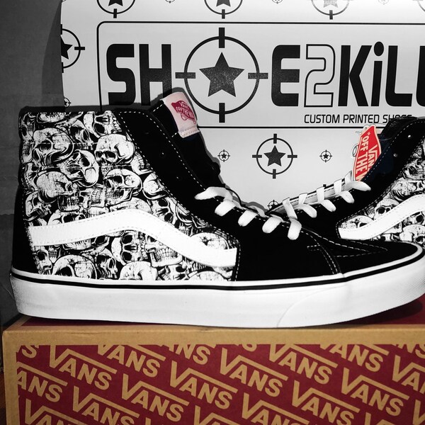 custom printed Vans SK8 Hi suede and canvas shoes sneakers skulls cult gothic mystic