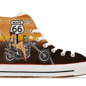 Converse Shoes pinup girl Route 66 easy chopper rider California cult classic movie biker motorcycle bike custom printed sneakers trainers