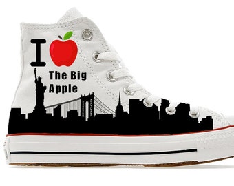 I love the big apple liberty statue New York  illustrated custom converse hi top shoes America gift sneakers trainers heart printed skyline