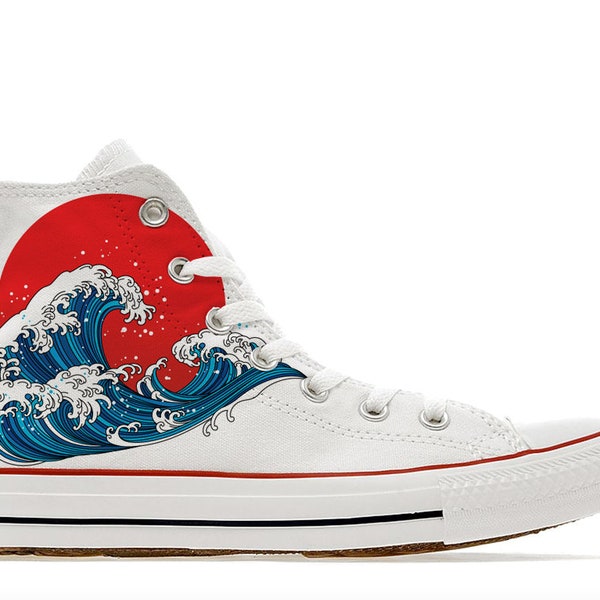 custom shoes I love new Japan illustrated custom converse high top shoes Japanese wave sun gift sneakers trainers printed