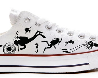 Scuba Diving Treasure hunter Navy seal custom printed converse gift sneakers shark great white sneakers trainers printed