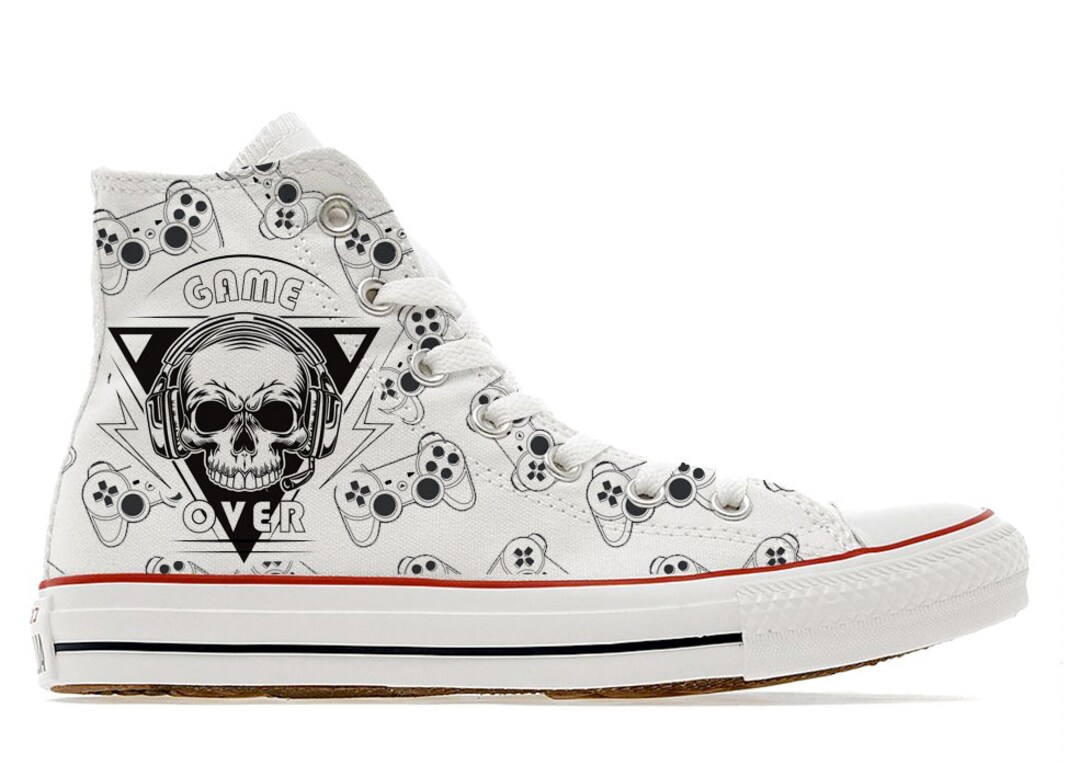 Retro 80s Arcade Game Over Gamer Skull Illustrated Custom Converse High ...