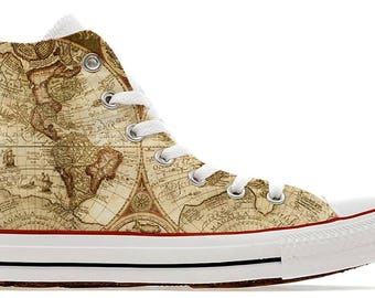 World atlas explorer traveller vintage map  illustrated custom converse high top shoes travel sneakers printed gift