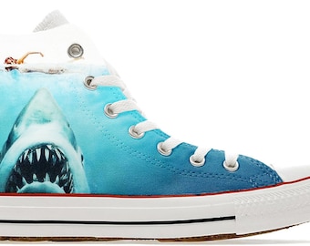 Shark Attack Movie Design Custom Converse High Top Shoes Great White Jaws Sneakers Trainers Gift Printed Diver Ocean Fish Etsy UK