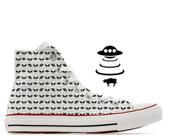 ufo alien grey flying saucer x-files pattern illustrated custom converse high top shoes