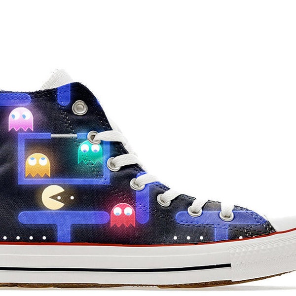 retro 80s arcade gamer pac ghost eater man illustrated custom converse high top shoes