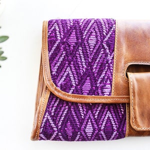 Handgewebte Leder Guatemaltekische Huipil Lila Textil Clutch/Handtasche/Geldbeutel