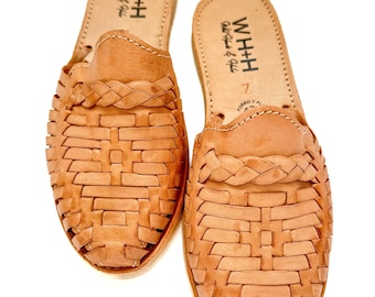 Women's beige/neutral leather braided classic Mexican huarache slip on sandals