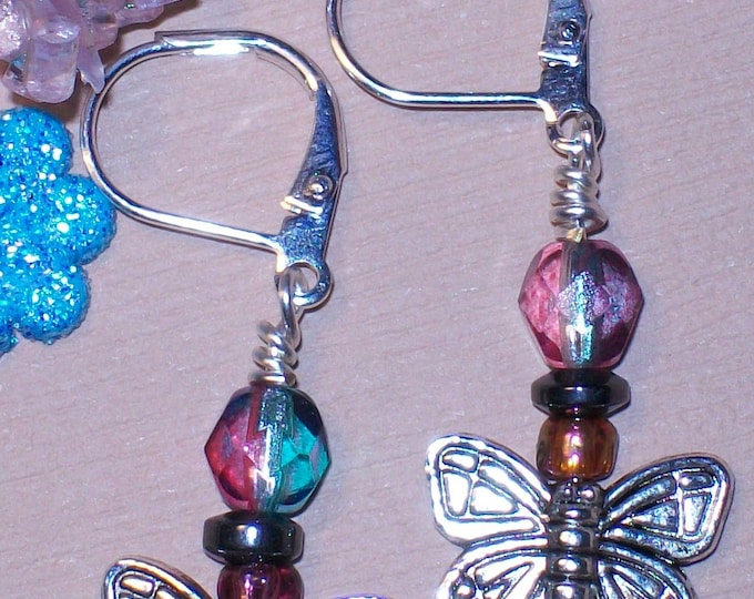 LKE0039, "FLUTTER", Whimsical,Fun, Beautiful, Butterfly earrings. Artisan glass and surgical steel lever backs.