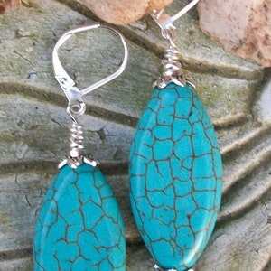 LKE0017,  &quot;MONTANA&quot;,  Bold and Beautiful. Turquoise howlite stone drop earrings. Surgical steel lever back ear clasp.