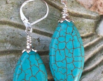 LKE0017,  "MONTANA",  Bold and Beautiful. Turquoise howlite stone drop earrings. Surgical steel lever back ear clasp.