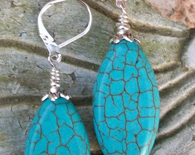 LKE0017,  "MONTANA",  Bold and Beautiful. Turquoise howlite stone drop earrings. Surgical steel lever back ear clasp.