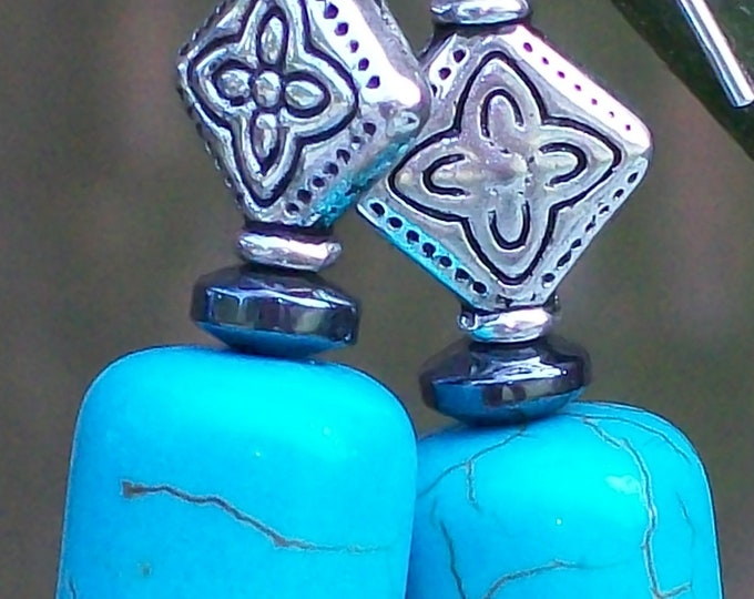 LKE0007, "SKY",  Turquoise, Howlite stone with Black Onyx Earrings. Surgical Steel. Drop earrings