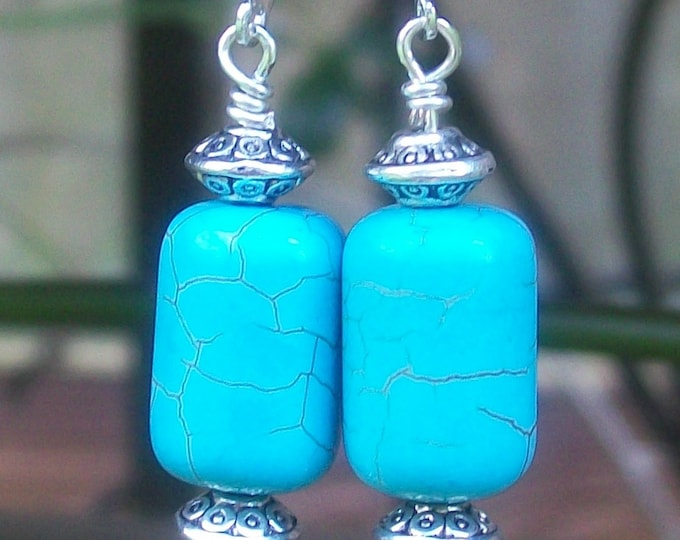 LKE0052, "KIOWA", Barrel shaped, Turquoise and  Moss Agate stone earrings. Western.  surgical steel ear clasp.