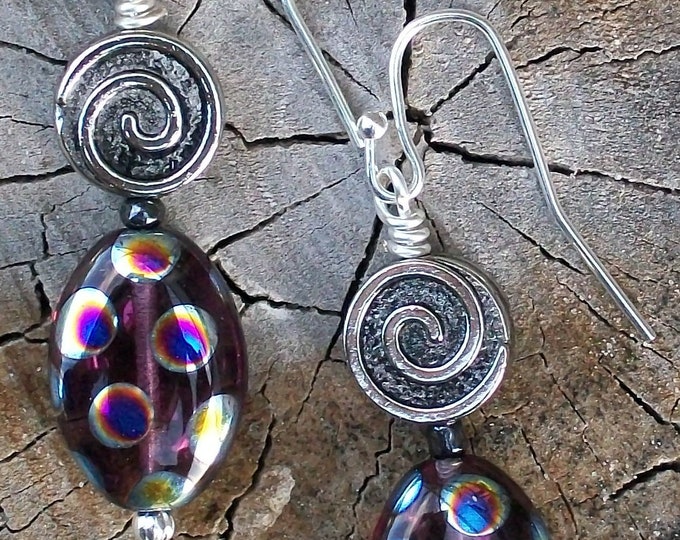 LKE0018,  "DOODLE BUGS", Whimsical and fun!  Purple artisan glass, drop earrings. Surgical steel ear hooks.