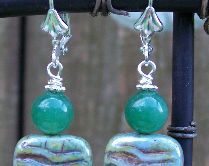 LKE0006, "EMILY",  Opaque ceramic bead with natural Green Aventurine stone. Natural stone. Surgical steel lever back.