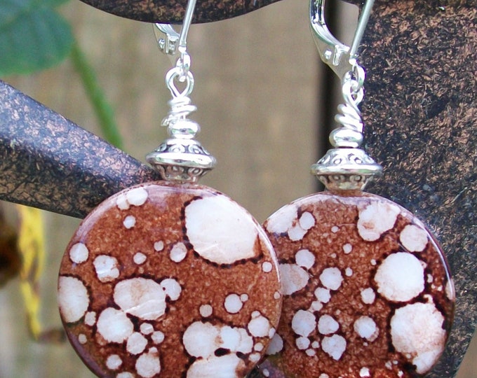 LKE0053, "DESERT SANDS", Mother of Pearl Vogue drop earrings, Bronze and Pearlescent White, Surgical steel lever clasps.