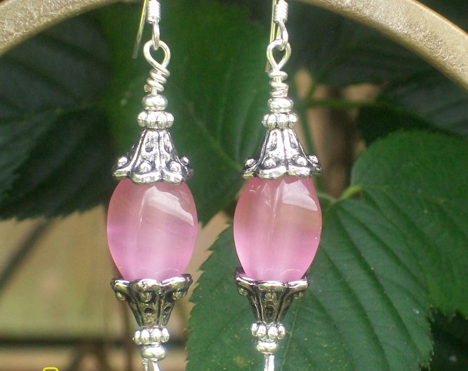 LKE0050, "PRISCILLA", A Delicate, Vintage, Alluring Design. Designed with Pink, Cats eye Artisan glass and Swarovski Crystal.