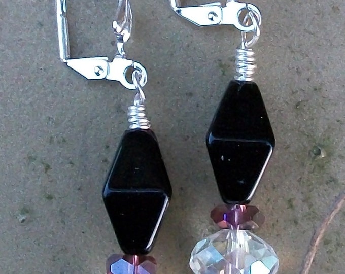 LKE0015,  "AVA",  Victorian Style, Black onyx and Swarovski Crystal. Wedding, Retro, Surgical steel. Drop Earrings.