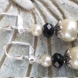 LKE0027, &quot;LORAINE&quot;,  Victorian style, faux glass Pearl and Blacjk Onyx drop earrings. Surgical steel lever back clasp.