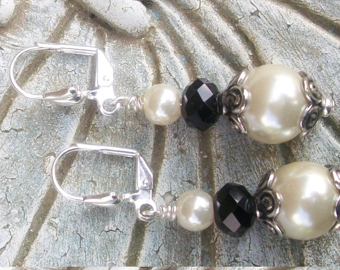 LKE0027, "LORAINE",  Victorian style, faux glass Pearl and Blacjk Onyx drop earrings. Surgical steel lever back clasp.
