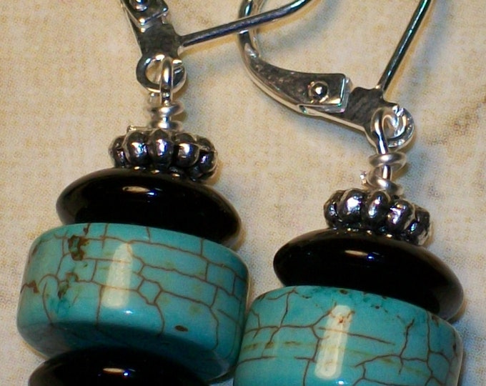 LKE0035, "RIO", Turquoise Howlite, Western style, stone earrings with Black Onyx. stone.