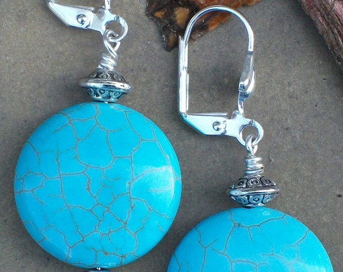 LKE0043, "AZURE BLUE",  Beyond Beautiful! Turquoise Howlite stone and silver plated saucer beads.