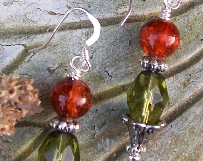 LKE0011,  "SPICEY",  Soft,  Orange and Green Artisan Glass  drop earrings. Surgical steel.
