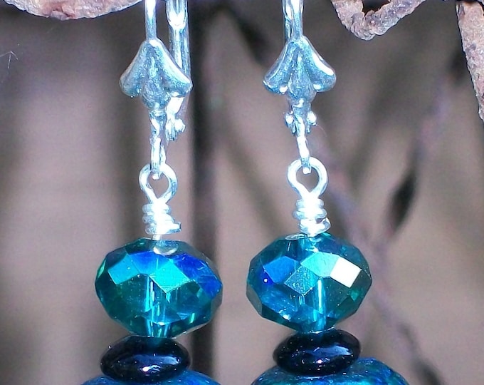 LKE0025, "DAHLIA", African Turquoise and Swarovski Crystal drop earrings. Surgical steel lever backs.