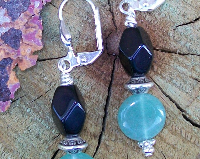 LKE0058, "LEAH", Classy, Minimalist Design, Green Aventurine Stone and Black Artisan glass. Surgical steel ear clasps.