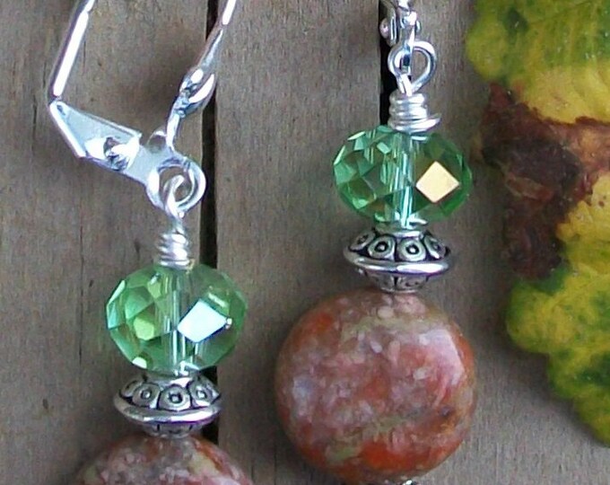 LKE0029, "WENDI",  Autumn Jasper stone and Swarovski Crystal drop style earrings with shell Surgical steel lever back.