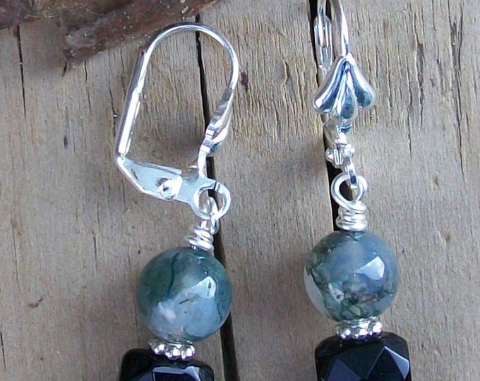 LKE0063, "SOPHIA", Elegant, Moss Agate Gemstone and Black Artisan Glass, Surgical steel ear clasps.