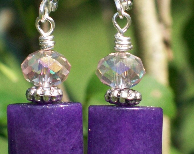 LKE0023, "PURPLE URPLE", Classy Purple howlite stone, Swarovski Crystal drop earrings. Surgical steel lever back.