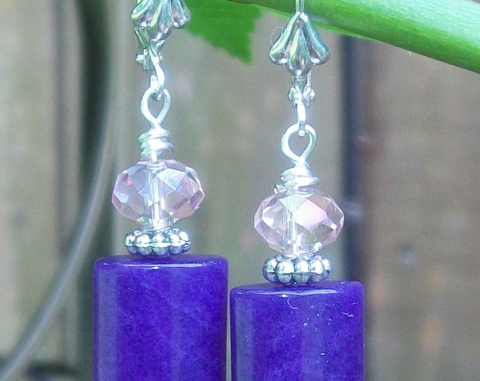 LKE0049, "BELLA", Purple Jade stone and Pink Swarovski Crystals. Surgical steel lever back ear hooks.
