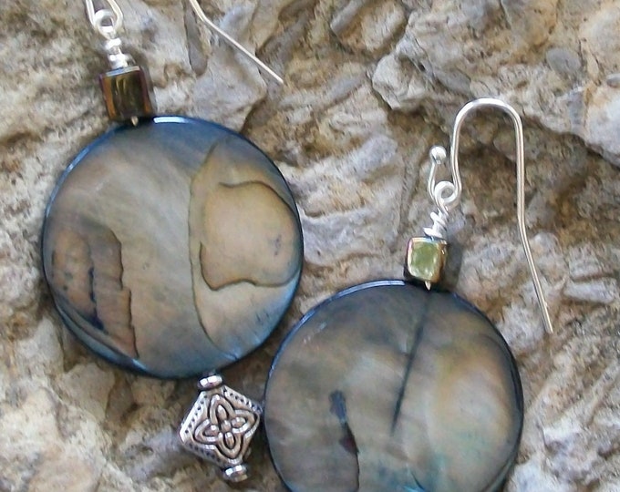 LKE0030, "OLIANA",  Mother of Pear Shell with Fired accent beads and surgical steel ear hook. Stunning!