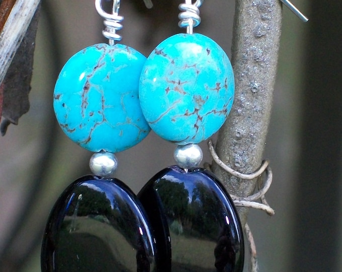 LKE0020, "CHEYENNE",  Bold Western style drop earrings. Make a Statement! Turquoise, Black Onyx earrings.