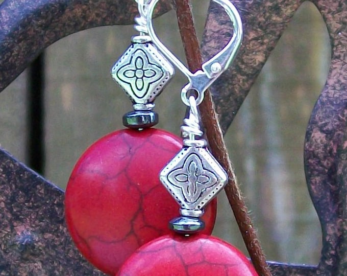 LKE0042, "SHANGHAI", Red, Oriental style earring. Bold, Red Howlite stone and black Hematite accent beads.