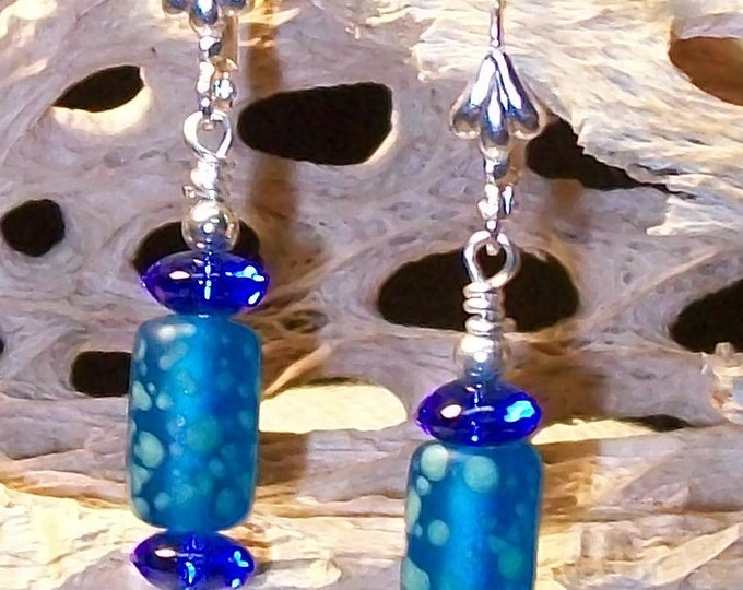 LKE0040, "BLUE JEANS", Simply Beautiful. Blue Artisan Glass earrings with Surgical Steel lever clasp.
