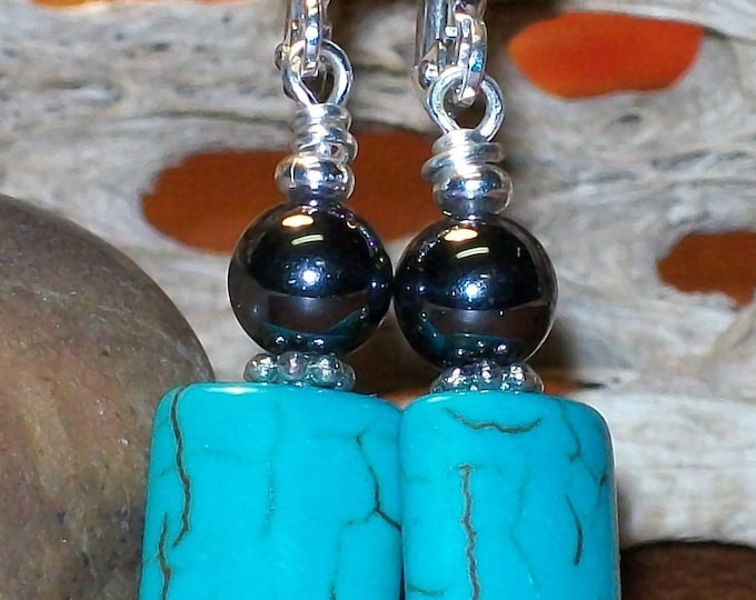 LKE0044, "DAKOTA", Captivating! Turquoise Howlite stone and Hematite stone earrings. Surgical steel lever back ear clasp.
