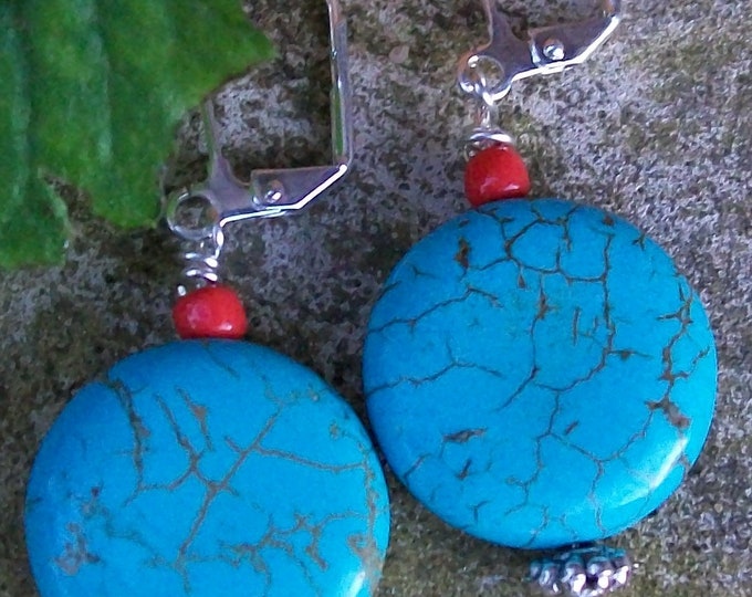 LKE0026, "CHEROKEE DREAMS",  Stunning Turquoise Howlite stone with red accent bead. Surgical steel clasp.