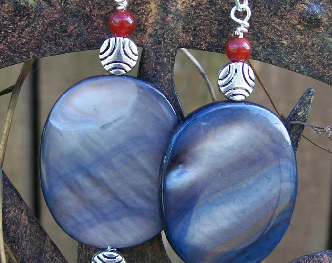 LKE0028, "PACIFIC LADY", Bold, Large Shell and Red Coral drop earrings with Surgical steel ear hooks.