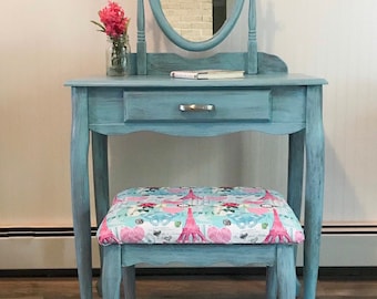 Sold: Aqua Blue Vanity Desk with Mirror and Bench, Shipping Not Included