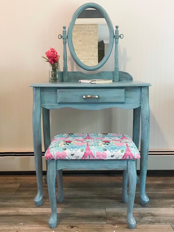Sold: Aqua Blue Vanity Desk with Mirror and Bench, Shipping Not Included