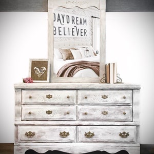 SOLD: White Distressed Double Dresser with Mirror / Shabby Chic / Coastal