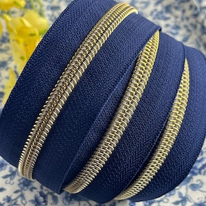 Blue Zipper Tape with Gold Nylon Coil (Size #5) - Zipper by the Yard