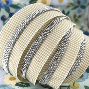 Beige and White Striped Zipper Tape with Silver Nylon Coil | Size #5 | Zipper by the Yard