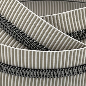 Gray and White Striped Zipper Tape with Gunmetal Nylon Coils | Size #5 | Zipper by the Yard